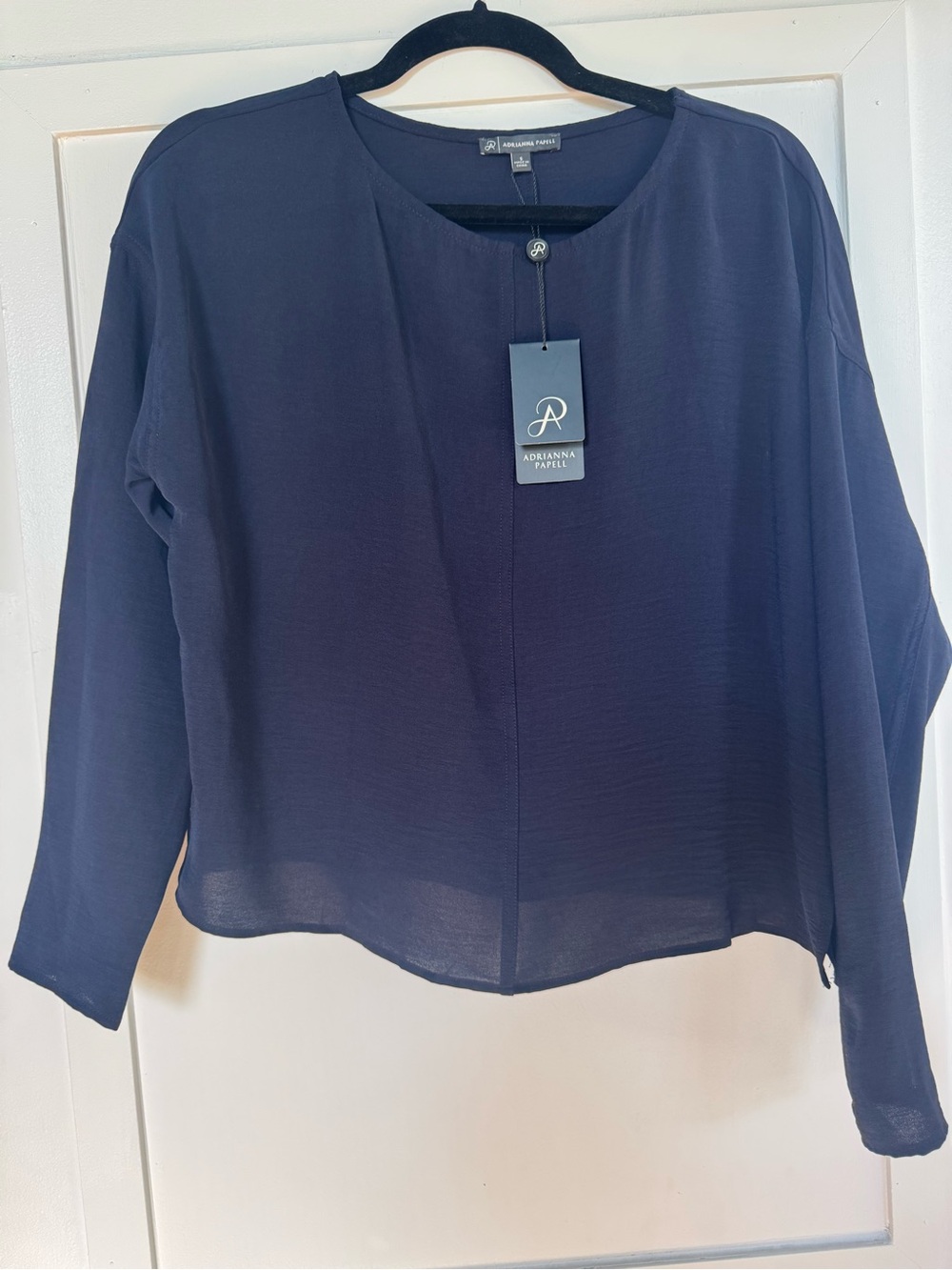 Adrianna Papell Navy Long-Sleeve Round-Neck Blouse NEW